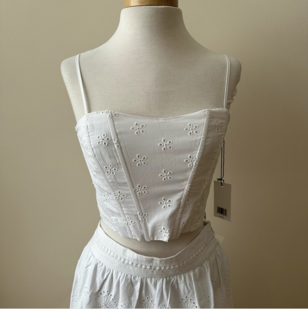 NWT Jason Wu Eyelet 2 Pc Set Tiered Ruffled Midi Skirt & Corset Crop Top White M - Picture 7 of 16